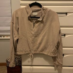 american eagle soft beige cropped half zip long sleeve top